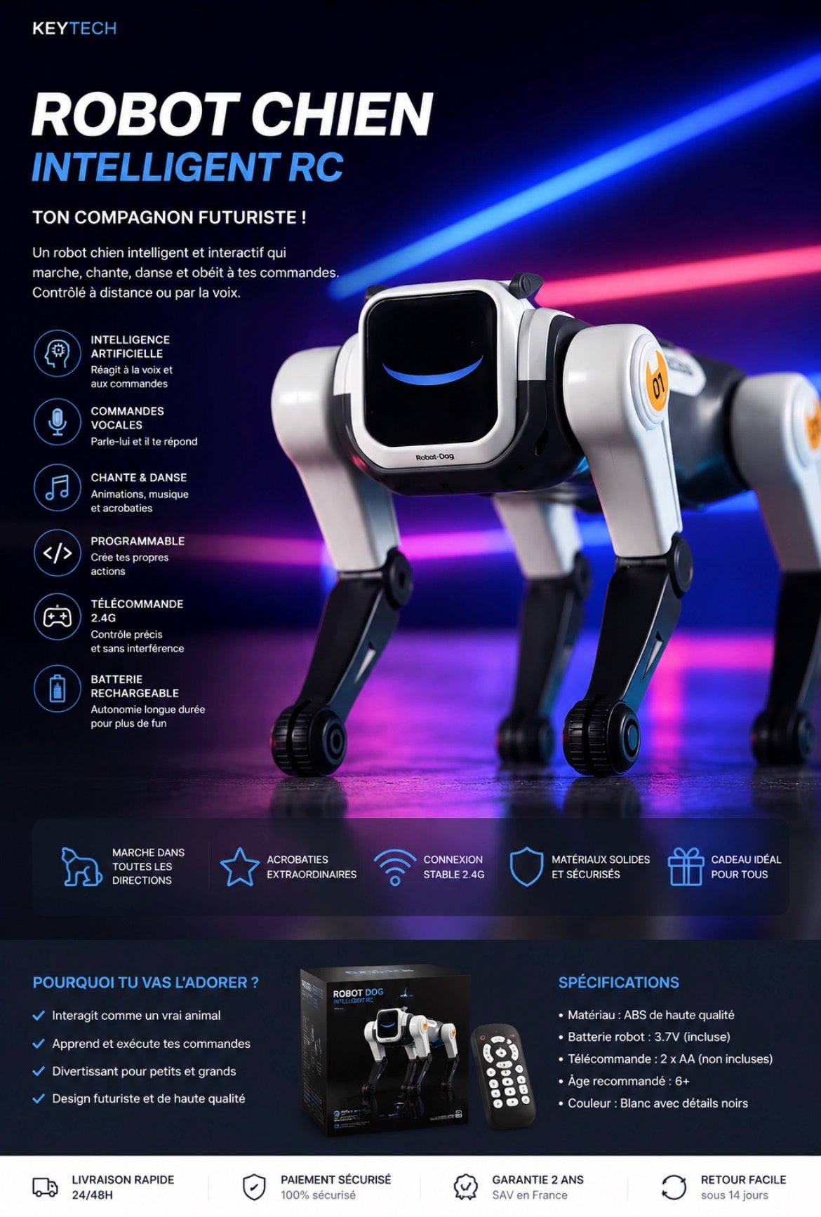 KeyTech RoboDog AI™ – Robot Chien Intelligent RC avec Commande Vocale & Télécommande